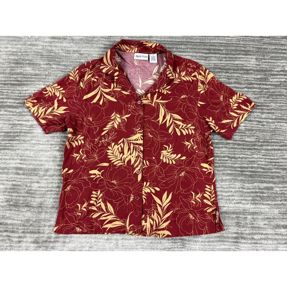 Apparenza Button Front Shirt Womens Small Burgundy Gold Floral Tropical Rayon